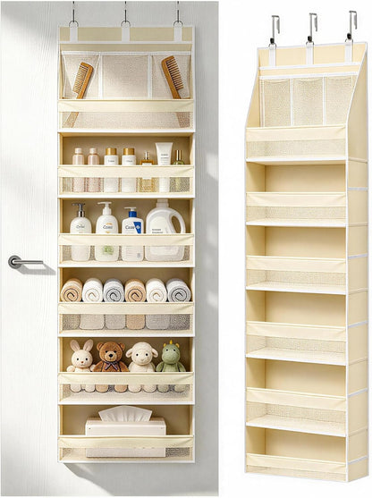 Over the Door Organizer, 55lbs Capacity 6-Shelf Closet Hanging Storage with 13 Mesh Pockets, Behind the Door Storage for Baby Nursery, Bathroom, Bedroom, and Dorm