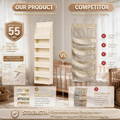 Over the Door Organizer, 55lbs Capacity 6-Shelf Closet Hanging Storage with 13 Mesh Pockets, Behind the Door Storage for Baby Nursery, Bathroom, Bedroom, and Dorm