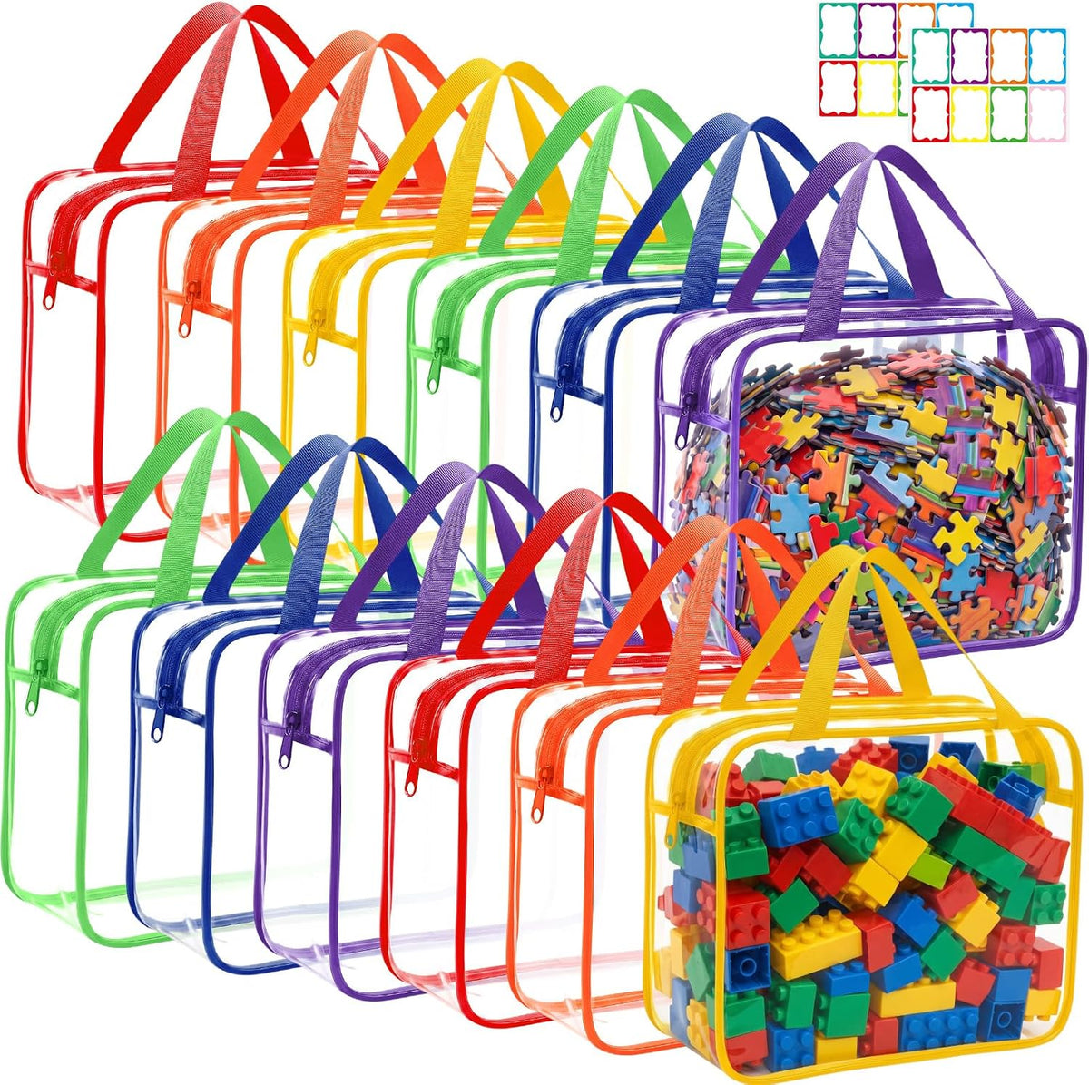 12 Packs Clear Large Toy Storage Bags with Label, Mix Pastel Color