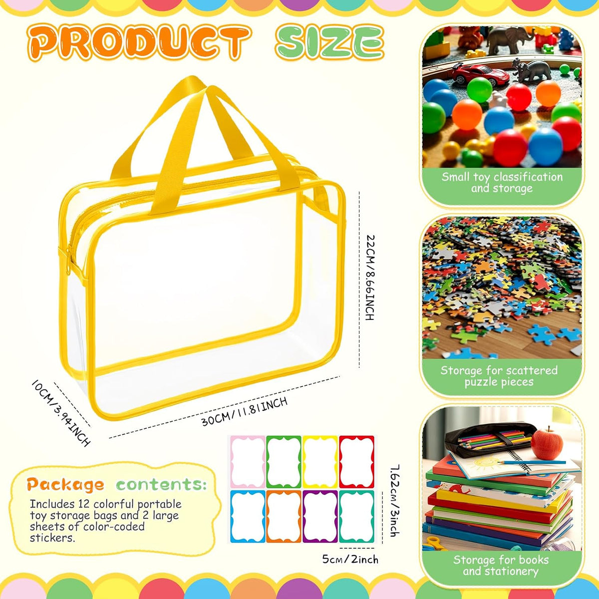 12 Packs Clear Large Toy Storage Bags with Label, Mix Pastel Color