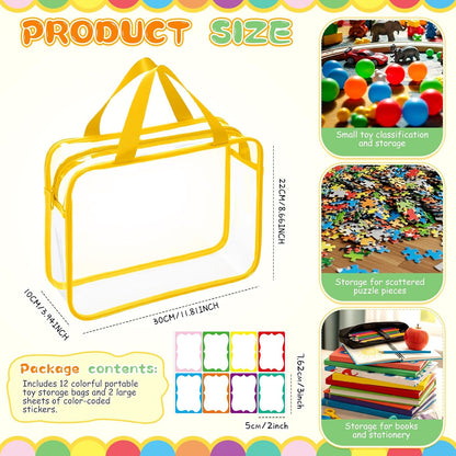 12 Packs Clear Large Toy Storage Bags with Label, Mix Pastel Color