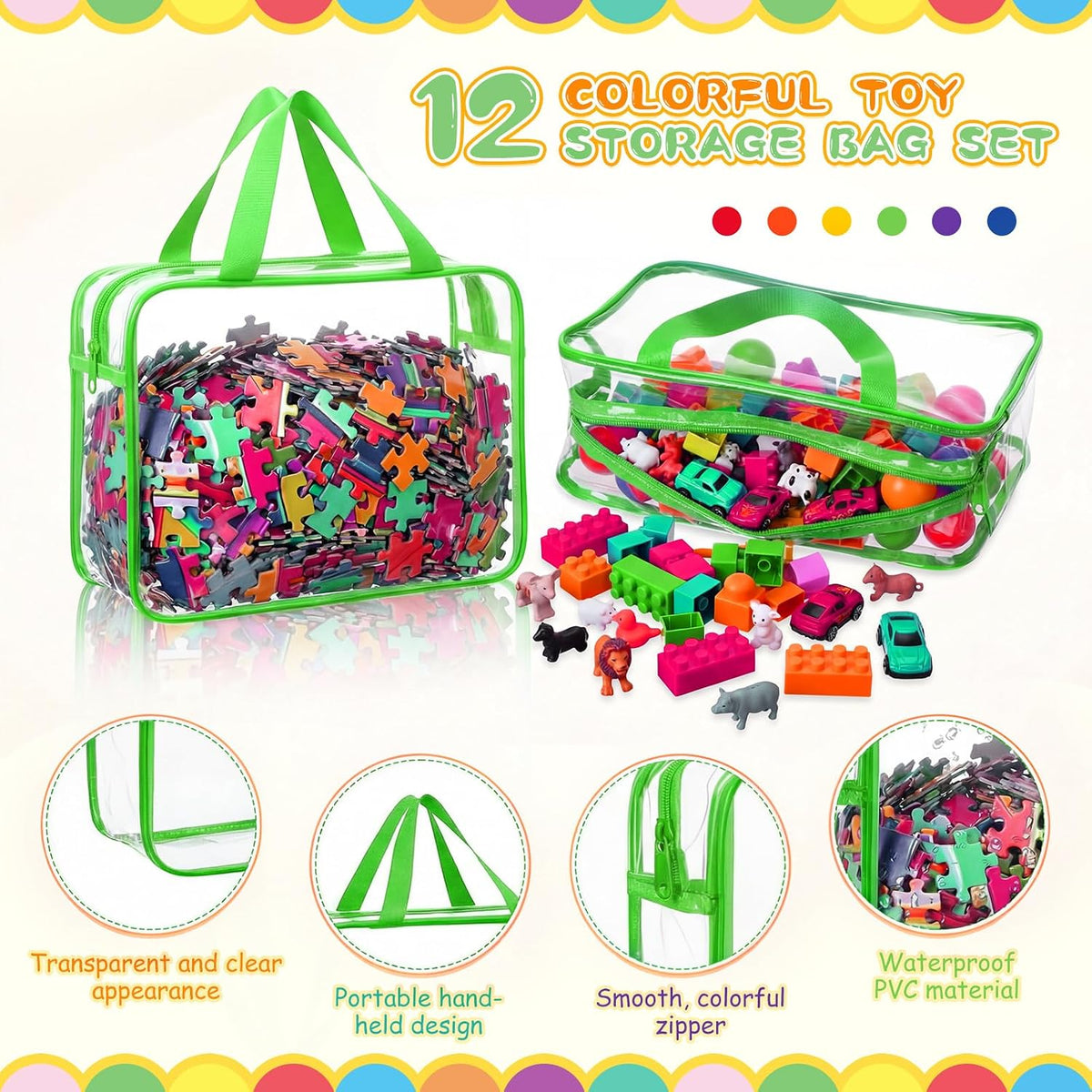 12 Packs Clear Large Toy Storage Bags with Label, Mix Pastel Color