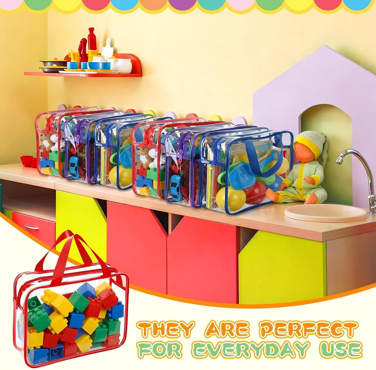 12 Packs Clear Large Toy Storage Bags with Label, Mix Pastel Color
