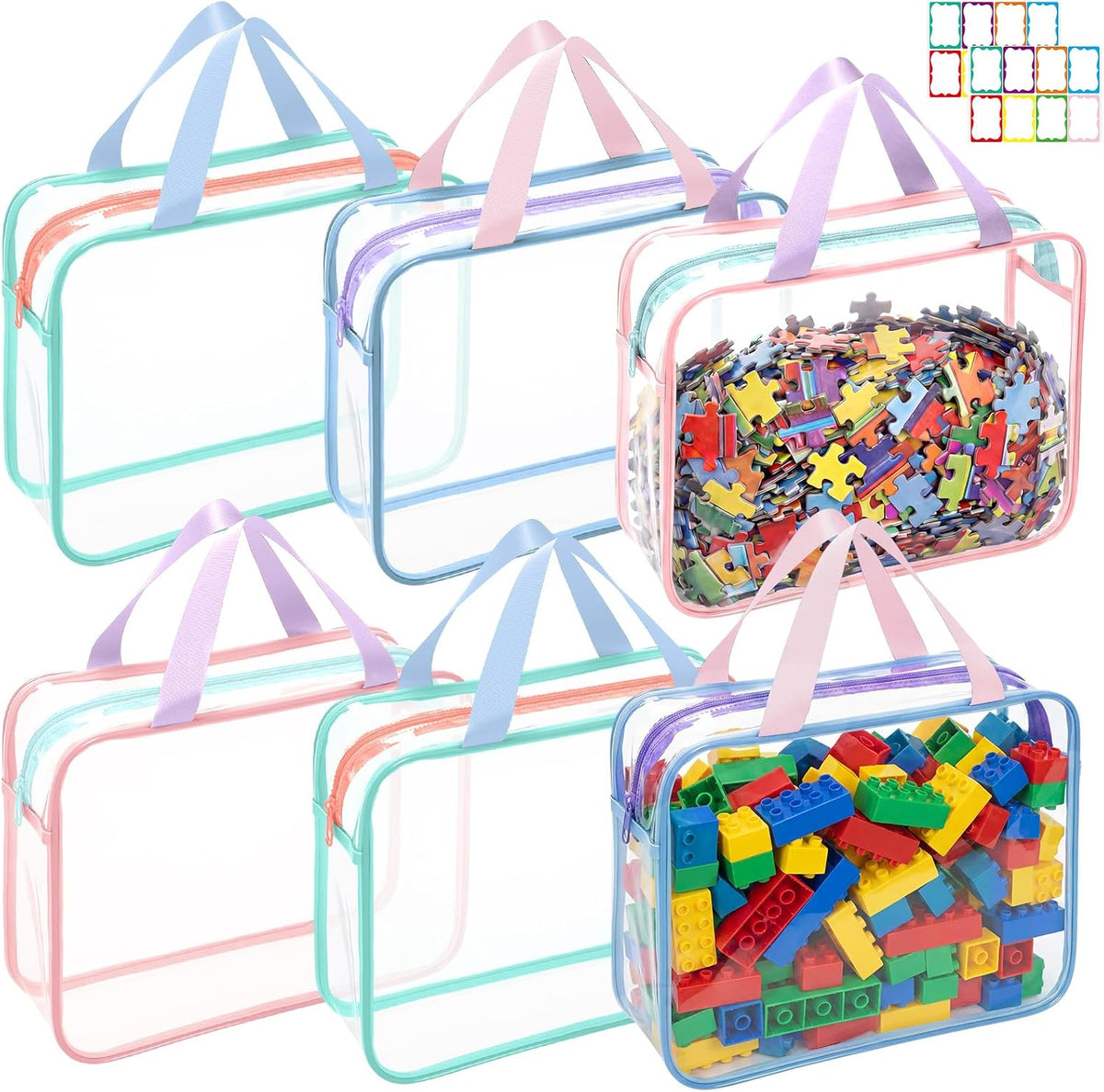 12 Packs Clear Large Toy Storage Bags with Label, Mix Pastel Color