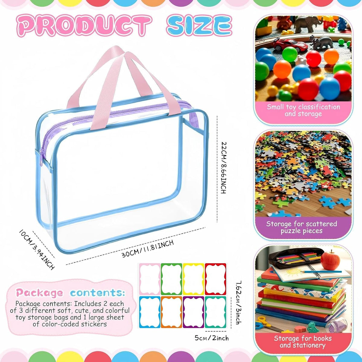 12 Packs Clear Large Toy Storage Bags with Label, Mix Pastel Color