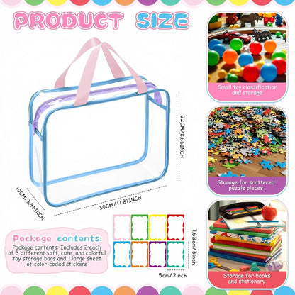 12 Packs Clear Large Toy Storage Bags with Label, Mix Pastel Color