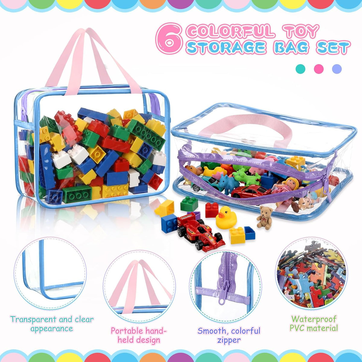 12 Packs Clear Large Toy Storage Bags with Label, Mix Pastel Color