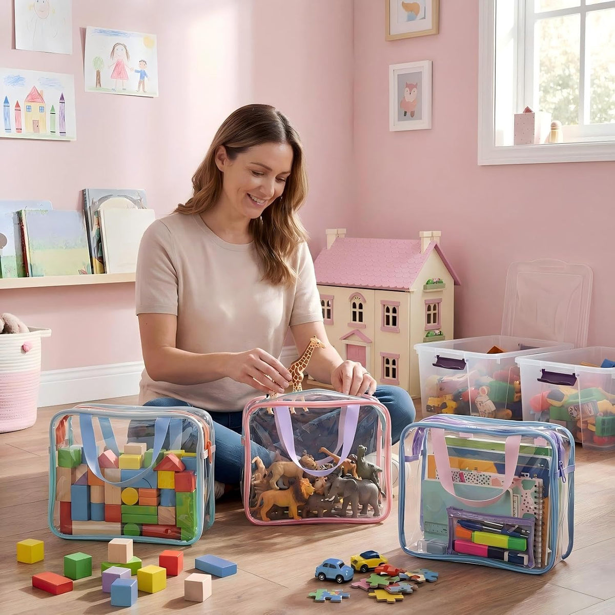 12 Packs Clear Large Toy Storage Bags with Label, Mix Pastel Color
