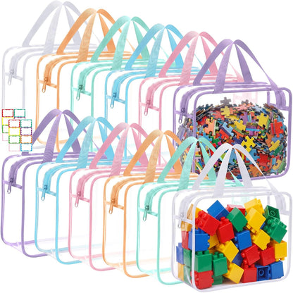 12 Packs Clear Large Toy Storage Bags with Label, Mix Pastel Color