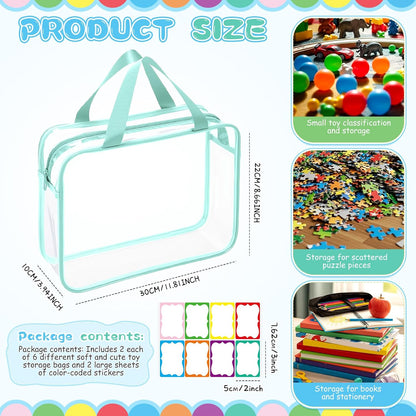12 Packs Clear Large Toy Storage Bags with Label, Mix Pastel Color