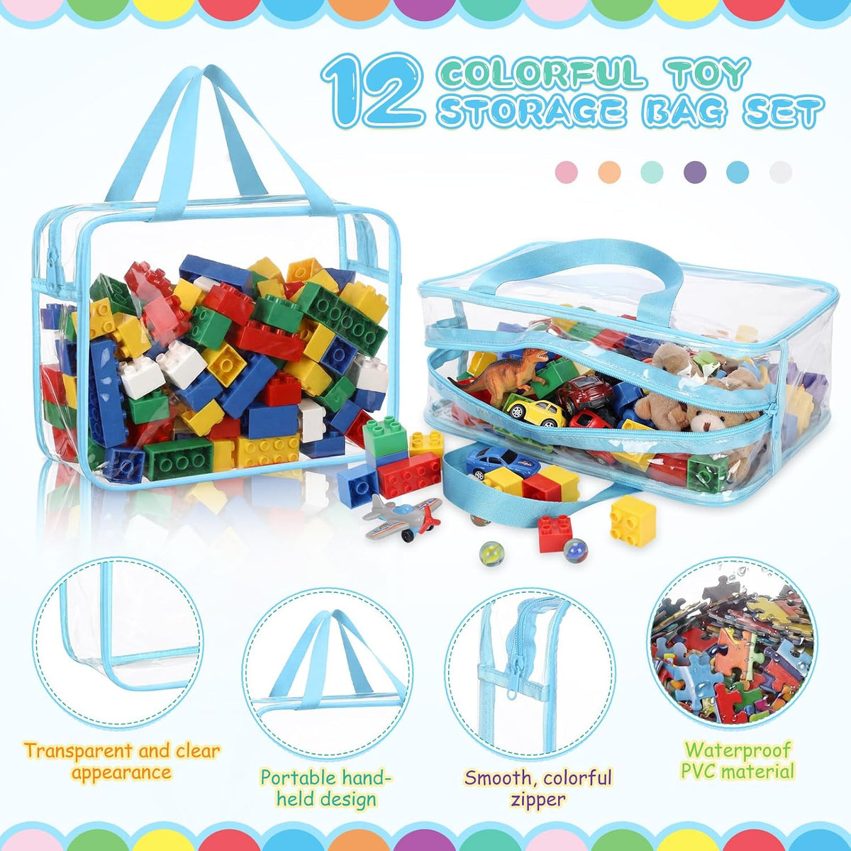 12 Packs Clear Large Toy Storage Bags with Label, Mix Pastel Color