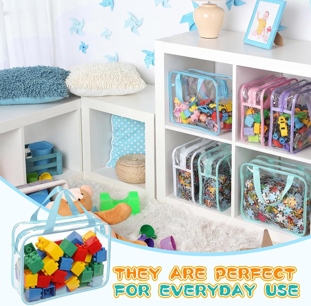 12 Packs Clear Large Toy Storage Bags with Label, Mix Pastel Color