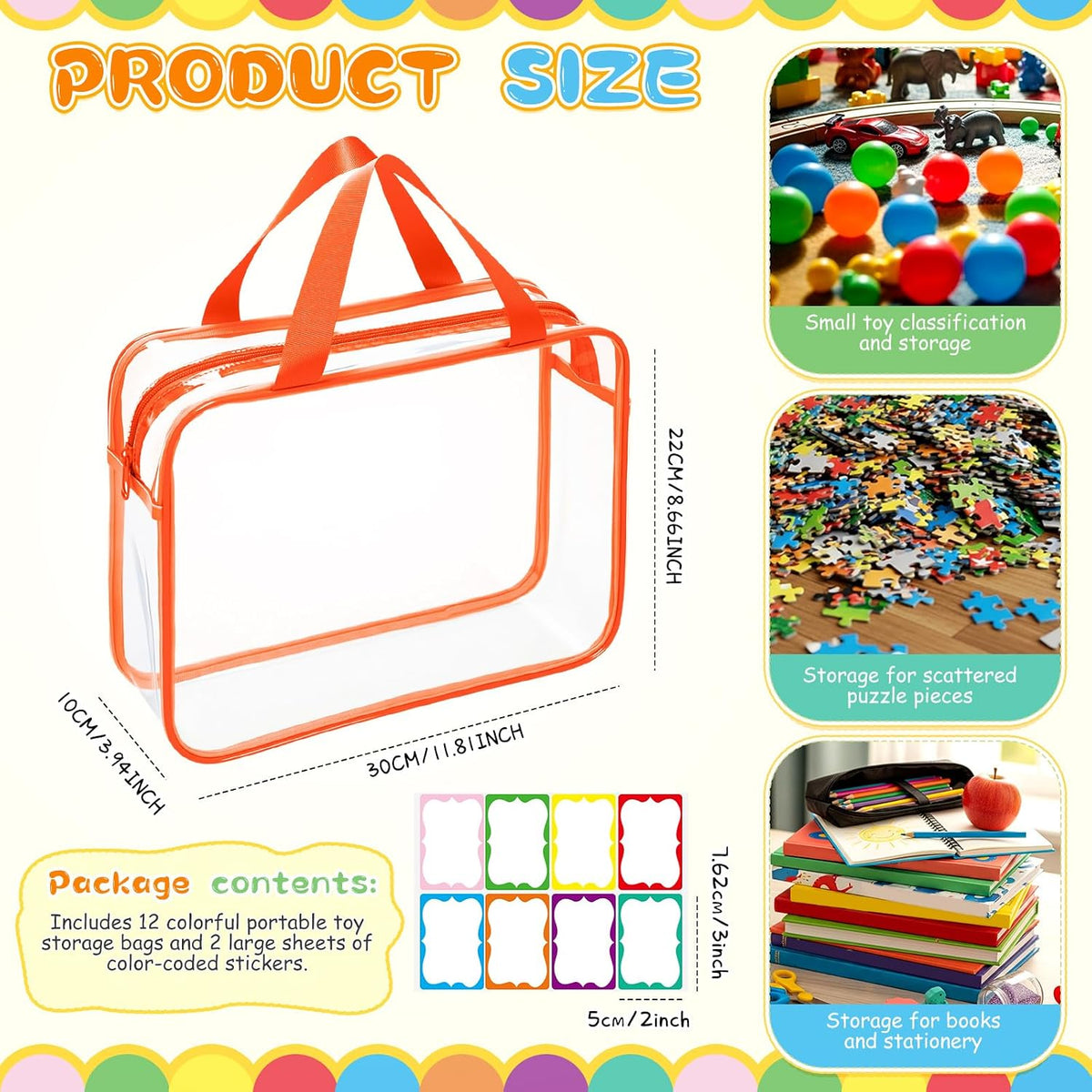 12 Packs Clear Large Toy Storage Bags with Label, Mix Pastel Color