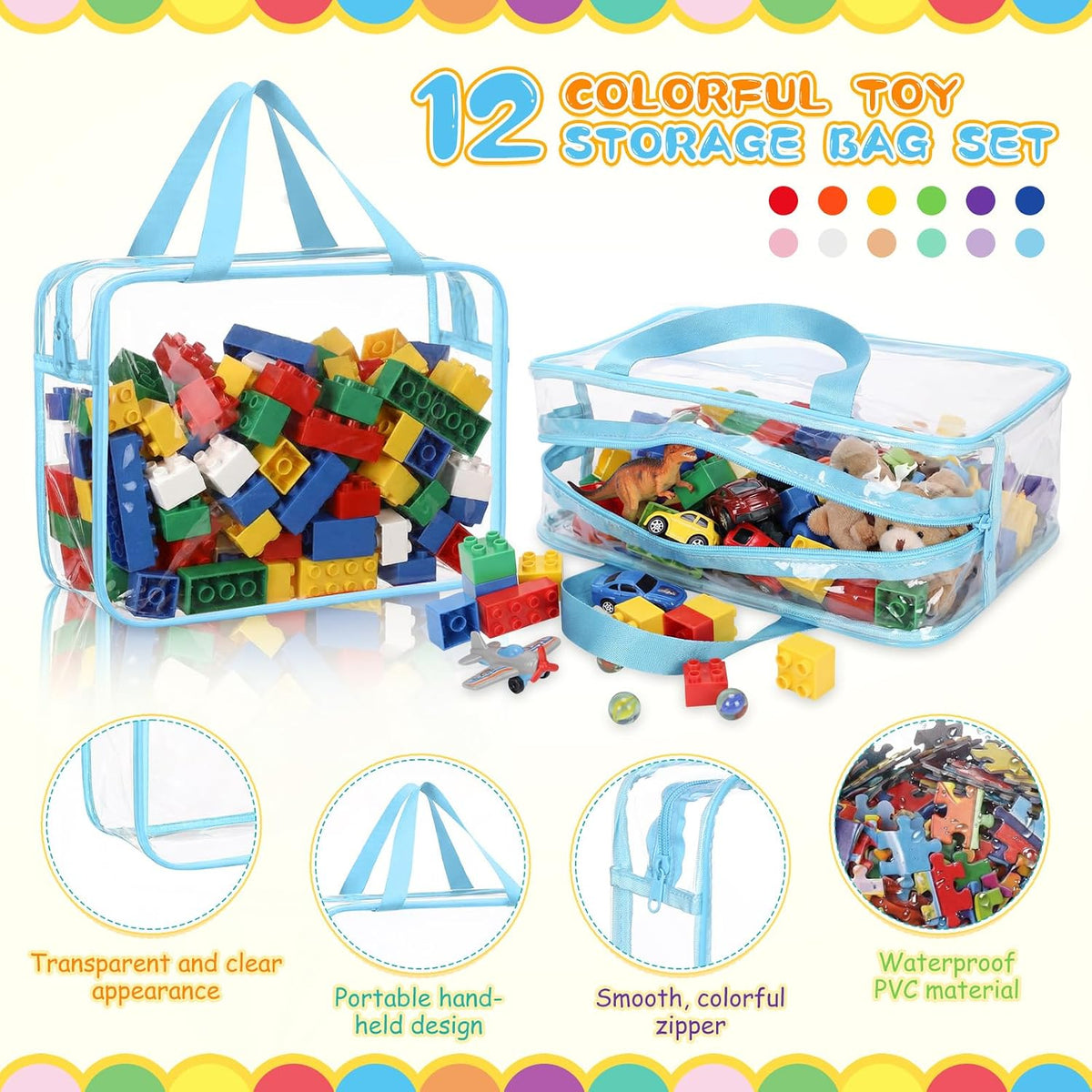 12 Packs Clear Large Toy Storage Bags with Label, Mix Pastel Color