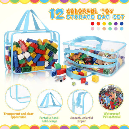 12 Packs Clear Large Toy Storage Bags with Label, Mix Pastel Color