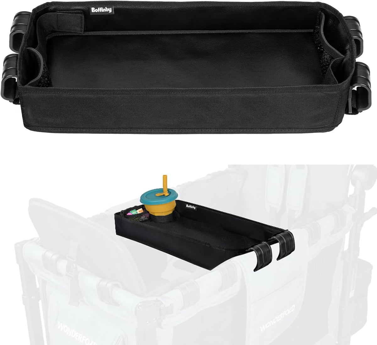 Double Sided Stroller Tray Fits for Wonderfold Wagon- Kids Snacks & Activities - Faux Leather Sides for Eating - Cup Holders & Mesh Pockets, Play On the Go, 15" L x 7.5" W x 3" H (W2 Series)
