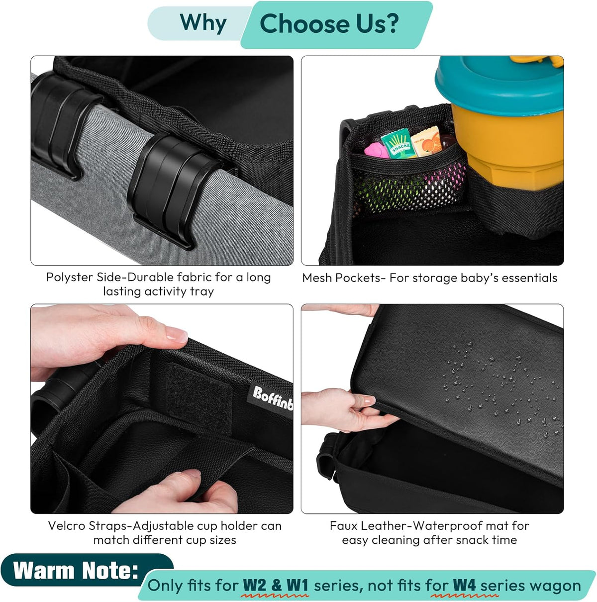 Double Sided Stroller Tray Fits for Wonderfold Wagon- Kids Snacks & Activities - Faux Leather Sides for Eating - Cup Holders & Mesh Pockets, Play On the Go, 15" L x 7.5" W x 3" H (W2 Series)