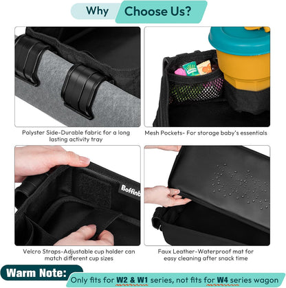Double Sided Stroller Tray Fits for Wonderfold Wagon- Kids Snacks & Activities - Faux Leather Sides for Eating - Cup Holders & Mesh Pockets, Play On the Go, 15" L x 7.5" W x 3" H (W2 Series)
