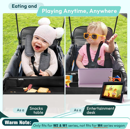 Double Sided Stroller Tray Fits for Wonderfold Wagon- Kids Snacks & Activities - Faux Leather Sides for Eating - Cup Holders & Mesh Pockets, Play On the Go, 15" L x 7.5" W x 3" H (W2 Series)