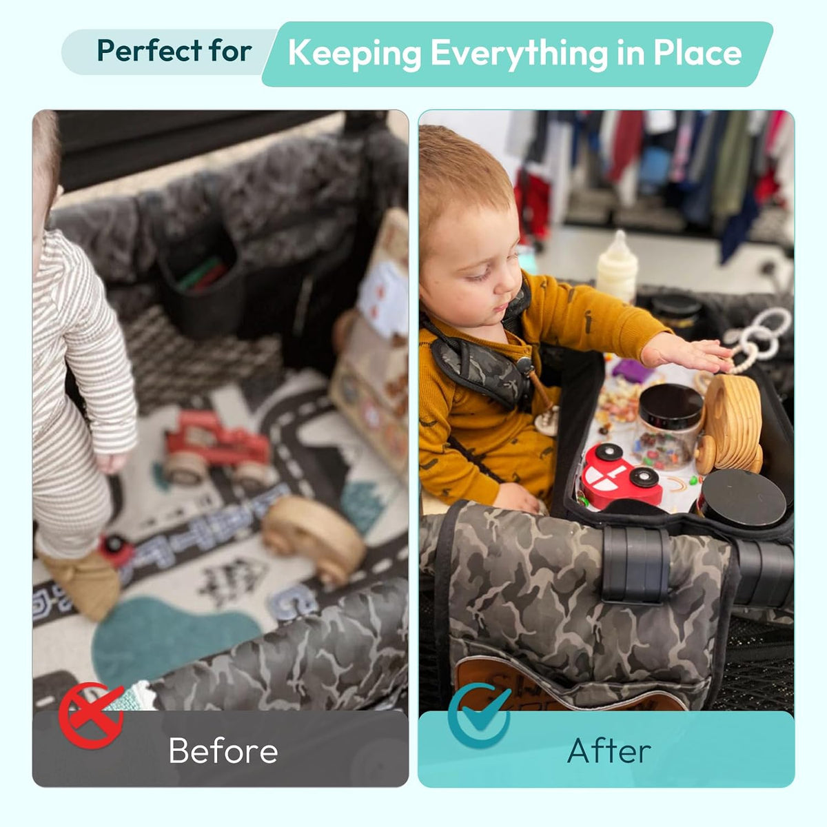 Double Sided Stroller Tray Fits for Wonderfold Wagon- Kids Snacks & Activities - Faux Leather Sides for Eating - Cup Holders & Mesh Pockets, Play On the Go, 15" L x 7.5" W x 3" H (W2 Series)