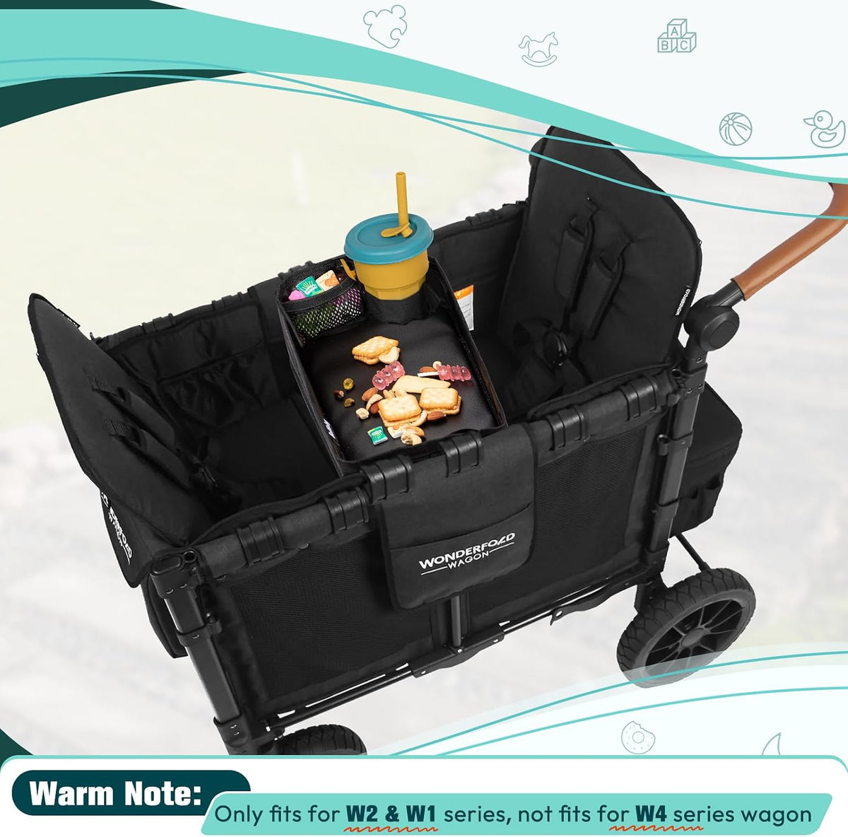 Double Sided Stroller Tray Fits for Wonderfold Wagon- Kids Snacks & Activities - Faux Leather Sides for Eating - Cup Holders & Mesh Pockets, Play On the Go, 15" L x 7.5" W x 3" H (W2 Series)