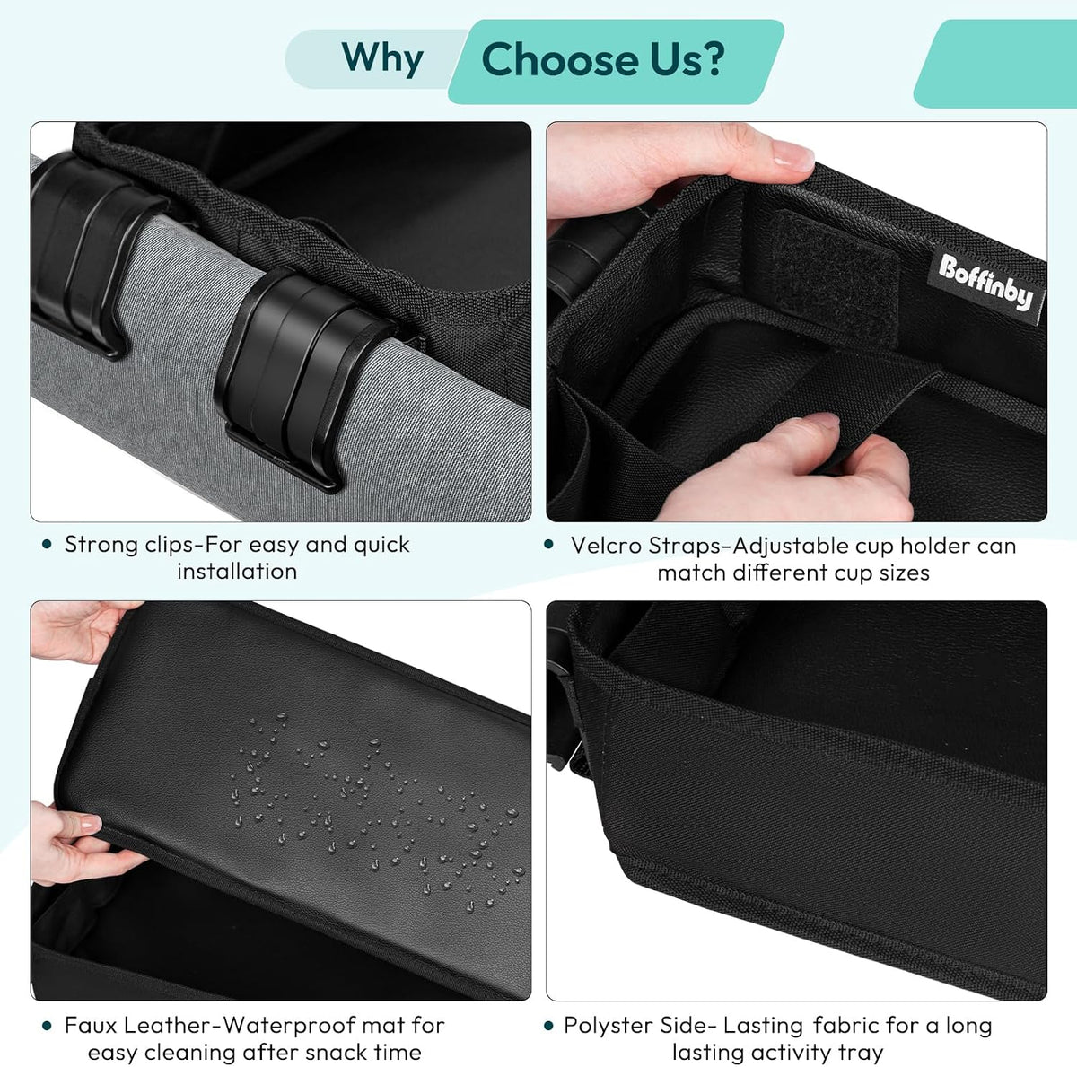 Double Sided Stroller Tray Fits for Wonderfold Wagon- Kids Snacks & Activities - Faux Leather Sides for Eating - Cup Holders & Mesh Pockets, Play On the Go, 15" L x 7.5" W x 3" H (W2 Series)
