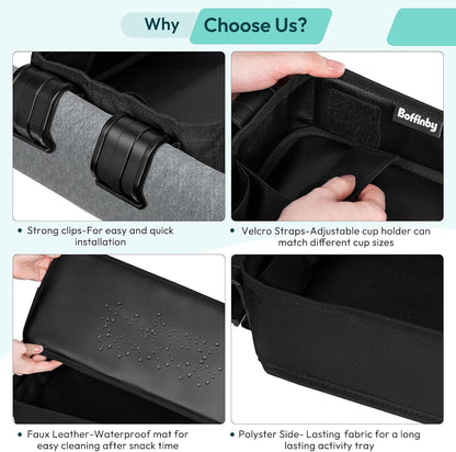 Double Sided Stroller Tray Fits for Wonderfold Wagon- Kids Snacks & Activities - Faux Leather Sides for Eating - Cup Holders & Mesh Pockets, Play On the Go, 15" L x 7.5" W x 3" H (W2 Series)