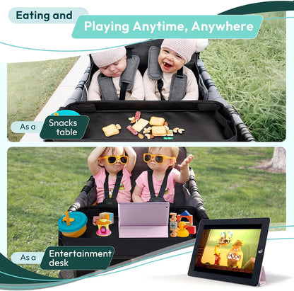 Double Sided Stroller Tray Fits for Wonderfold Wagon- Kids Snacks & Activities - Faux Leather Sides for Eating - Cup Holders & Mesh Pockets, Play On the Go, 15" L x 7.5" W x 3" H (W2 Series)