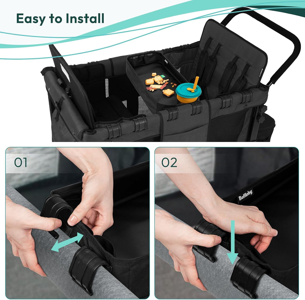 Double Sided Stroller Tray Fits for Wonderfold Wagon- Kids Snacks & Activities - Faux Leather Sides for Eating - Cup Holders & Mesh Pockets, Play On the Go, 15" L x 7.5" W x 3" H (W2 Series)