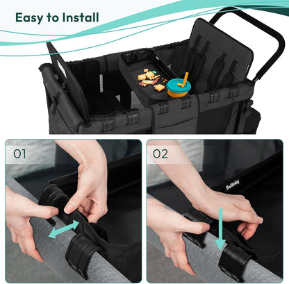 Double Sided Stroller Tray Fits for Wonderfold Wagon- Kids Snacks & Activities - Faux Leather Sides for Eating - Cup Holders & Mesh Pockets, Play On the Go, 15" L x 7.5" W x 3" H (W2 Series)