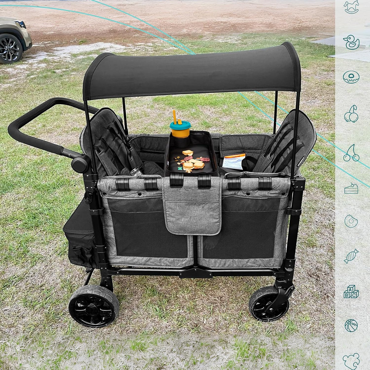 Double Sided Stroller Tray Fits for Wonderfold Wagon- Kids Snacks & Activities - Faux Leather Sides for Eating - Cup Holders & Mesh Pockets, Play On the Go, 15" L x 7.5" W x 3" H (W2 Series)