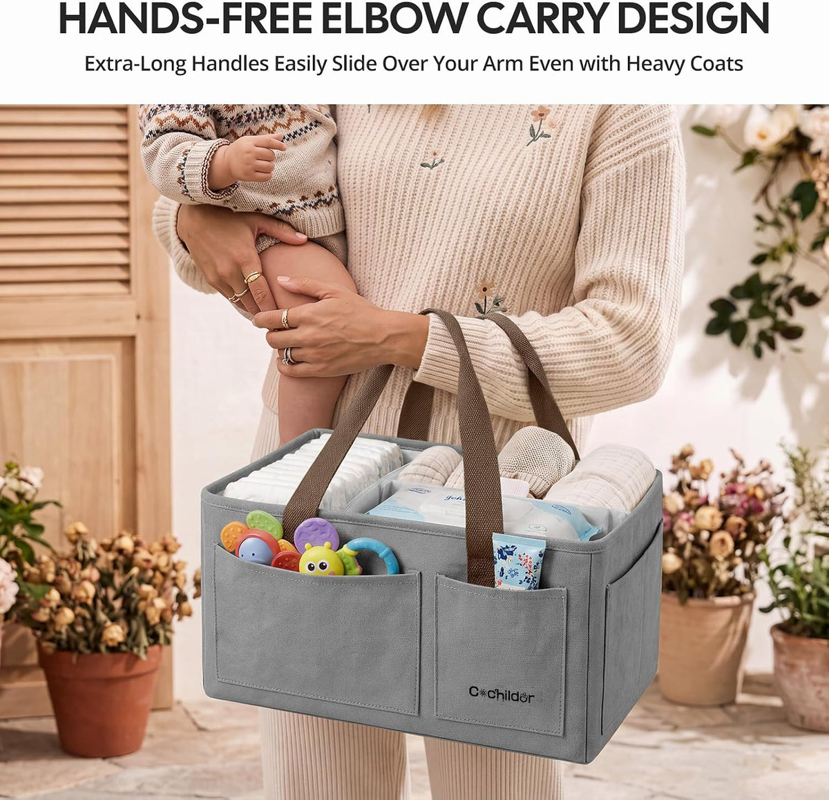 Canvas Baby Diaper Caddy Organizer with Handle, Gray