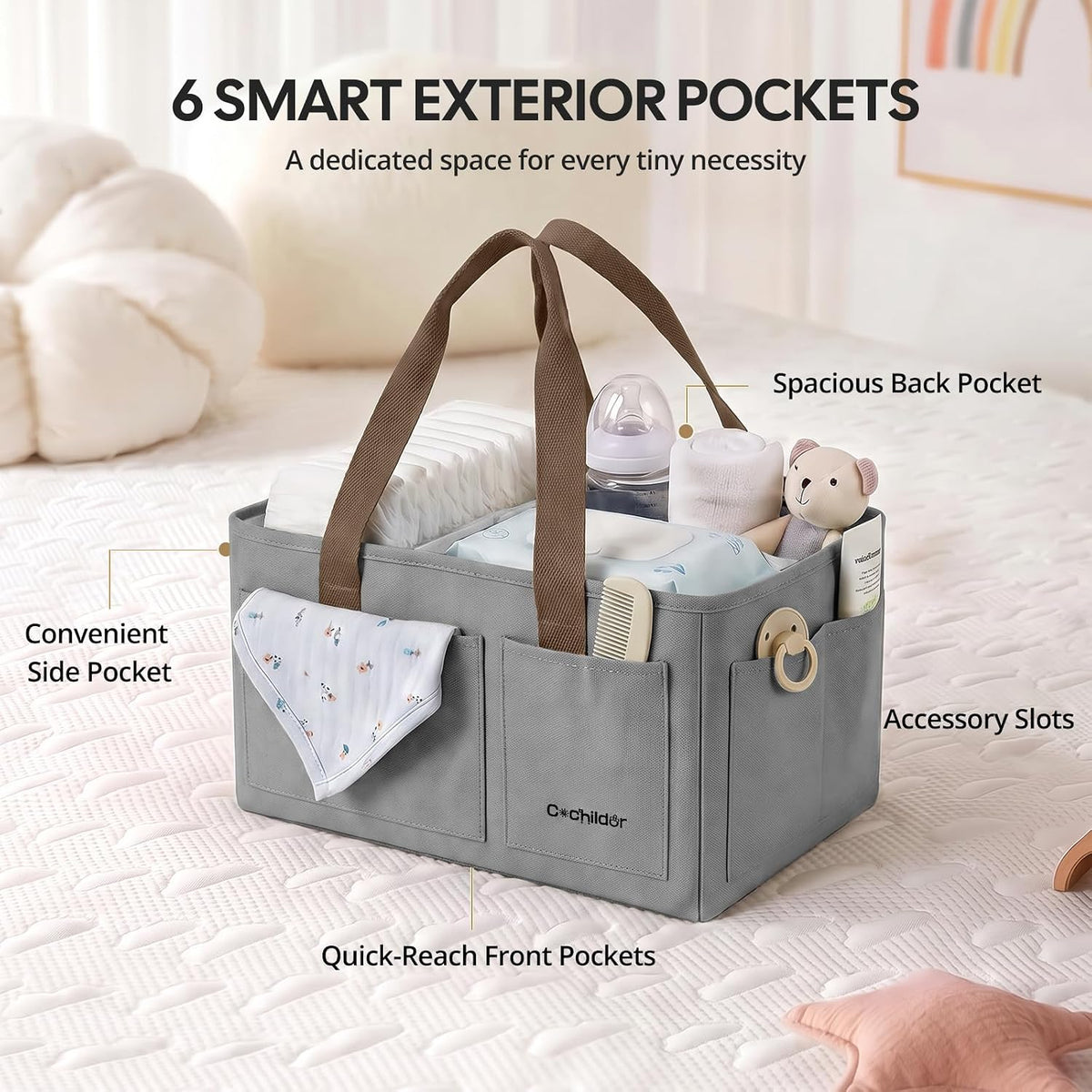 Canvas Baby Diaper Caddy Organizer with Handle, Gray