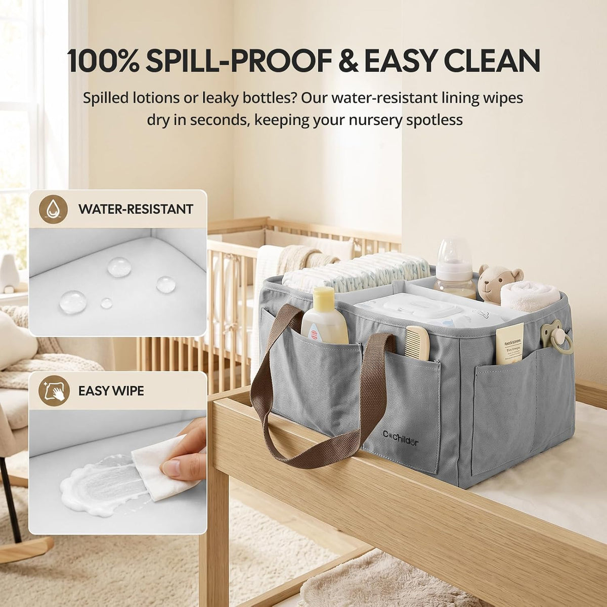 Canvas Baby Diaper Caddy Organizer with Handle, Gray