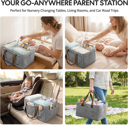 Canvas Baby Diaper Caddy Organizer with Handle, Gray