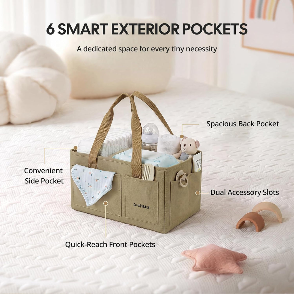 Canvas Baby Diaper Caddy Organizer with Handle, Gray