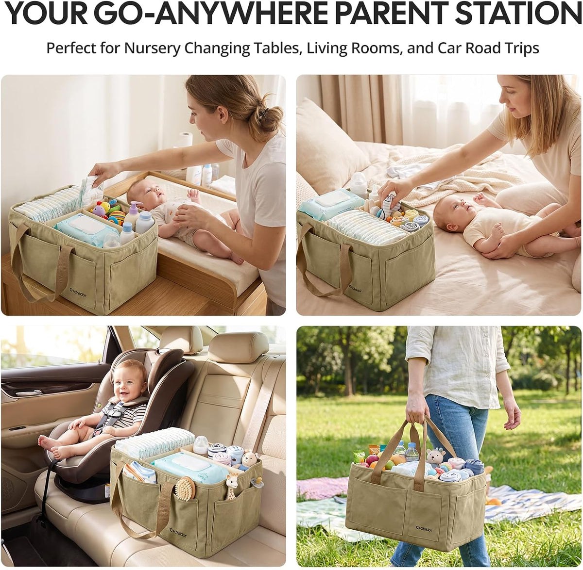 Canvas Baby Diaper Caddy Organizer with Handle, Gray