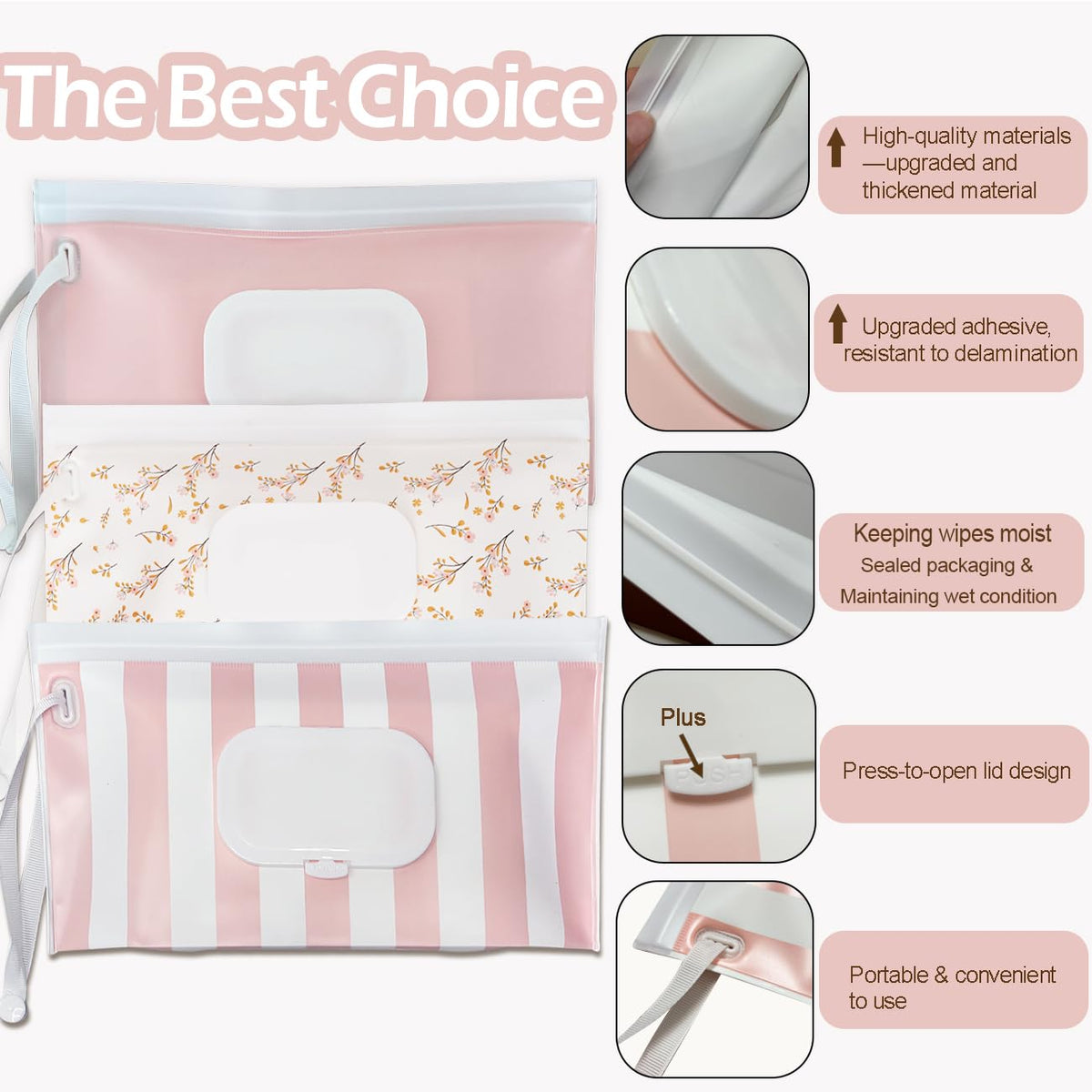 Baby Wipe Holder,Wipe Dispenser, 3-Pack Portable Refillable Wipe Container,Reusable Travel Baby Wipes Case, Waterproof and Dustproof, Wipe Holder for Diaper (Pink)