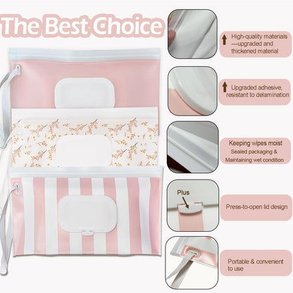 Baby Wipe Holder,Wipe Dispenser, 3-Pack Portable Refillable Wipe Container,Reusable Travel Baby Wipes Case, Waterproof and Dustproof, Wipe Holder for Diaper (Pink)