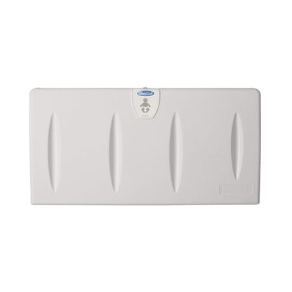SafetyCraft Horizontal Wall-Mounted Baby Diaper Changing Station - Easy to Clean, High-Density Polyethylene w/Heavy Duty Steel Hinge - Built-in Liner Dispenser for Hooking Purse or Bag, Light Gray