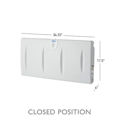 SafetyCraft Horizontal Wall-Mounted Baby Diaper Changing Station - Easy to Clean, High-Density Polyethylene w/Heavy Duty Steel Hinge - Built-in Liner Dispenser for Hooking Purse or Bag, Light Gray