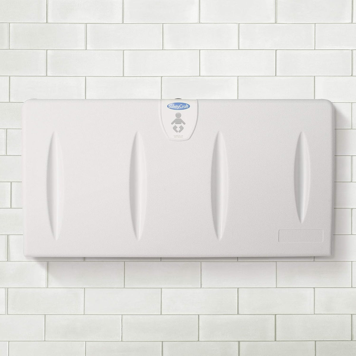 SafetyCraft Horizontal Wall-Mounted Baby Diaper Changing Station - Easy to Clean, High-Density Polyethylene w/Heavy Duty Steel Hinge - Built-in Liner Dispenser for Hooking Purse or Bag, Light Gray