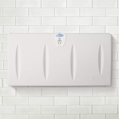 SafetyCraft Horizontal Wall-Mounted Baby Diaper Changing Station - Easy to Clean, High-Density Polyethylene w/Heavy Duty Steel Hinge - Built-in Liner Dispenser for Hooking Purse or Bag, Light Gray