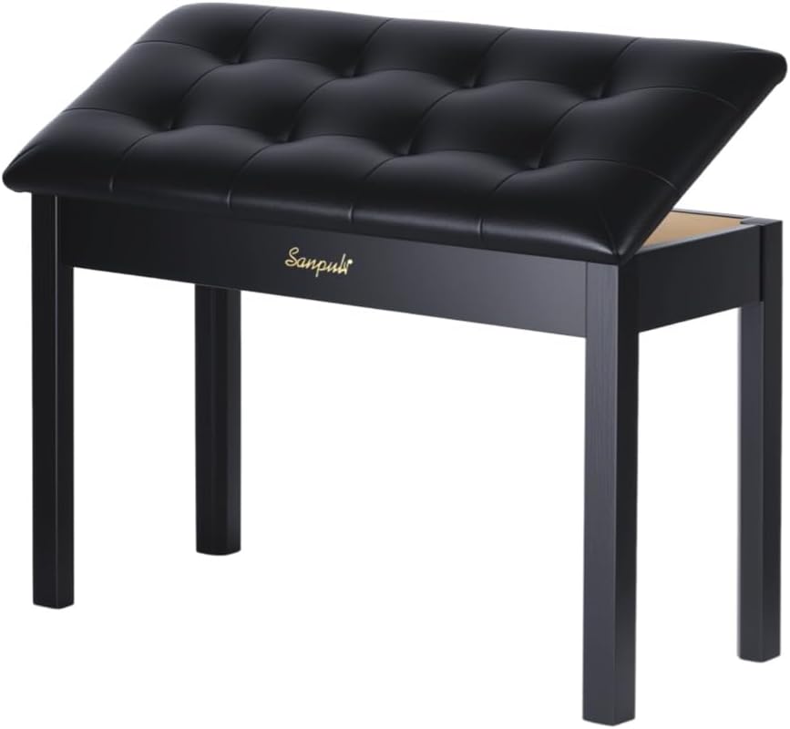 Solid Wood Piano Bench with Storage, Piano Stool and Padded Cushion, Keyboard Bench with Bookcase, Piano Chair and Piano Seat with High-Density Sponges.