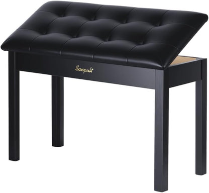 Solid Wood Piano Bench with Storage, Piano Stool and Padded Cushion, Keyboard Bench with Bookcase, Piano Chair and Piano Seat with High-Density Sponges.
