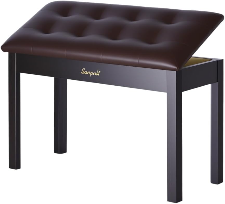 Solid Wood Piano Bench with Storage, Piano Stool and Padded Cushion, Keyboard Bench with Bookcase, Piano Chair and Piano Seat with High-Density Sponges.