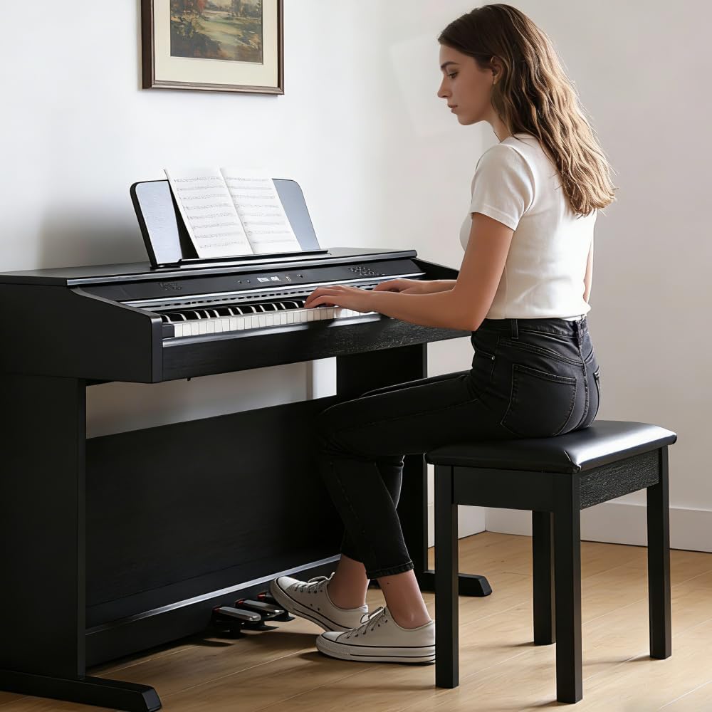 Solid Wood Piano Bench with Storage, Piano Stool and Padded Cushion, Keyboard Bench with Bookcase, Piano Chair and Piano Seat with High-Density Sponges.