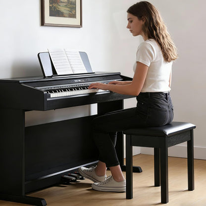 Solid Wood Piano Bench with Storage, Piano Stool and Padded Cushion, Keyboard Bench with Bookcase, Piano Chair and Piano Seat with High-Density Sponges.