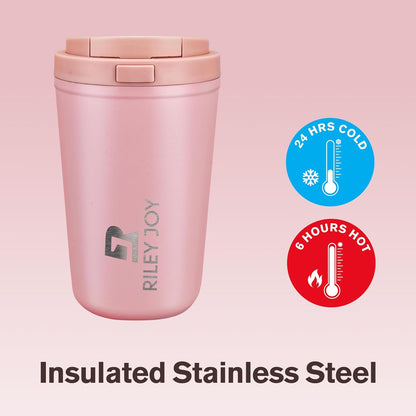13oz Insulated Travel Coffee Mug, Hot & Iced Coffee Cups with Lids, Pink | 100% Leak Proof, Stainless Steel Vacuum Insulated, Cup holder Friendly, One-Touch Open, To Go, Reusable, Coffee Tumbler