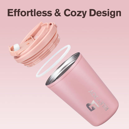 13oz Insulated Travel Coffee Mug, Hot & Iced Coffee Cups with Lids, Pink | 100% Leak Proof, Stainless Steel Vacuum Insulated, Cup holder Friendly, One-Touch Open, To Go, Reusable, Coffee Tumbler